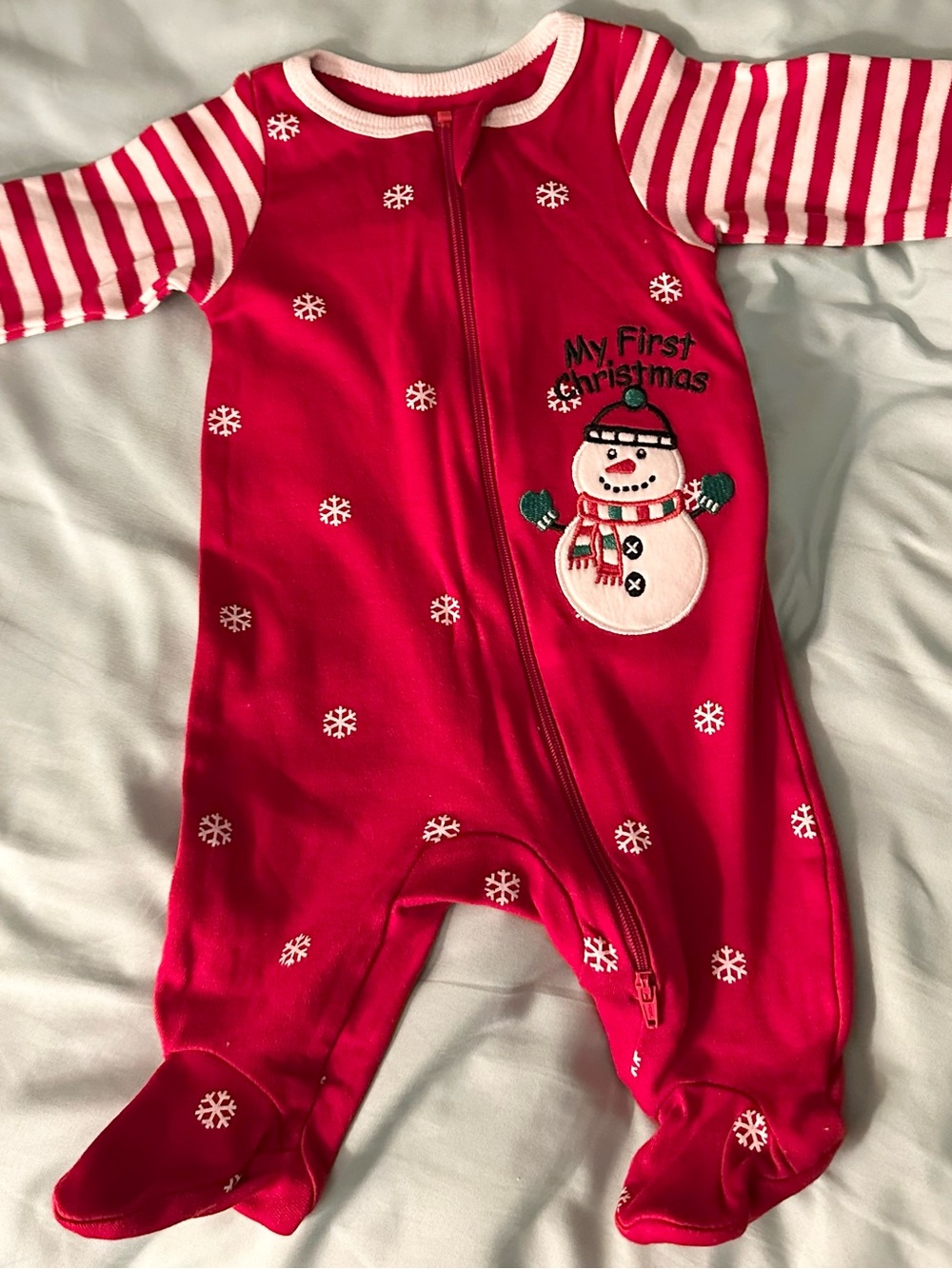 Holiday Time Red Snowman 'My First Christmas' Footie with Striped Sleeves